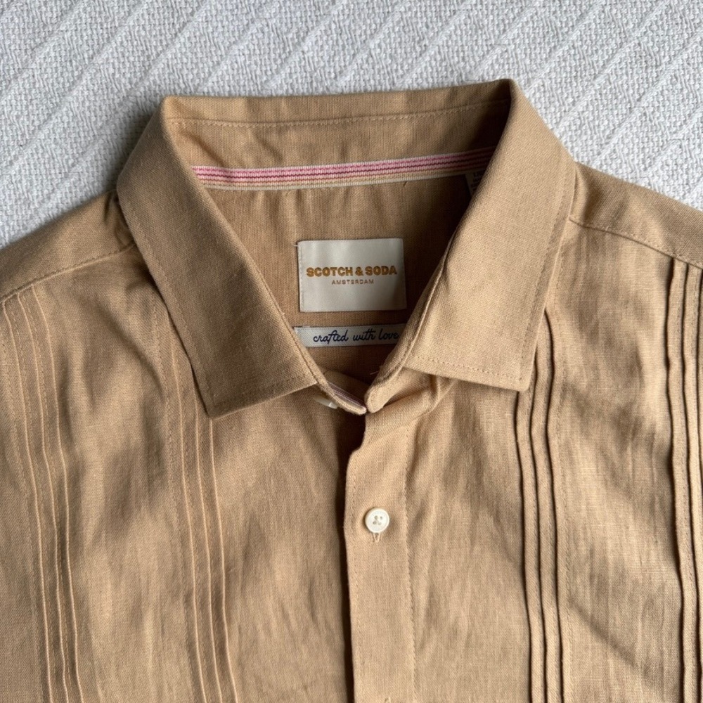 Scotch & Soda Tan Linen Blend Pintuck Pleated Short Sleeve Shirt Mens Large - Picture 5 of 9
